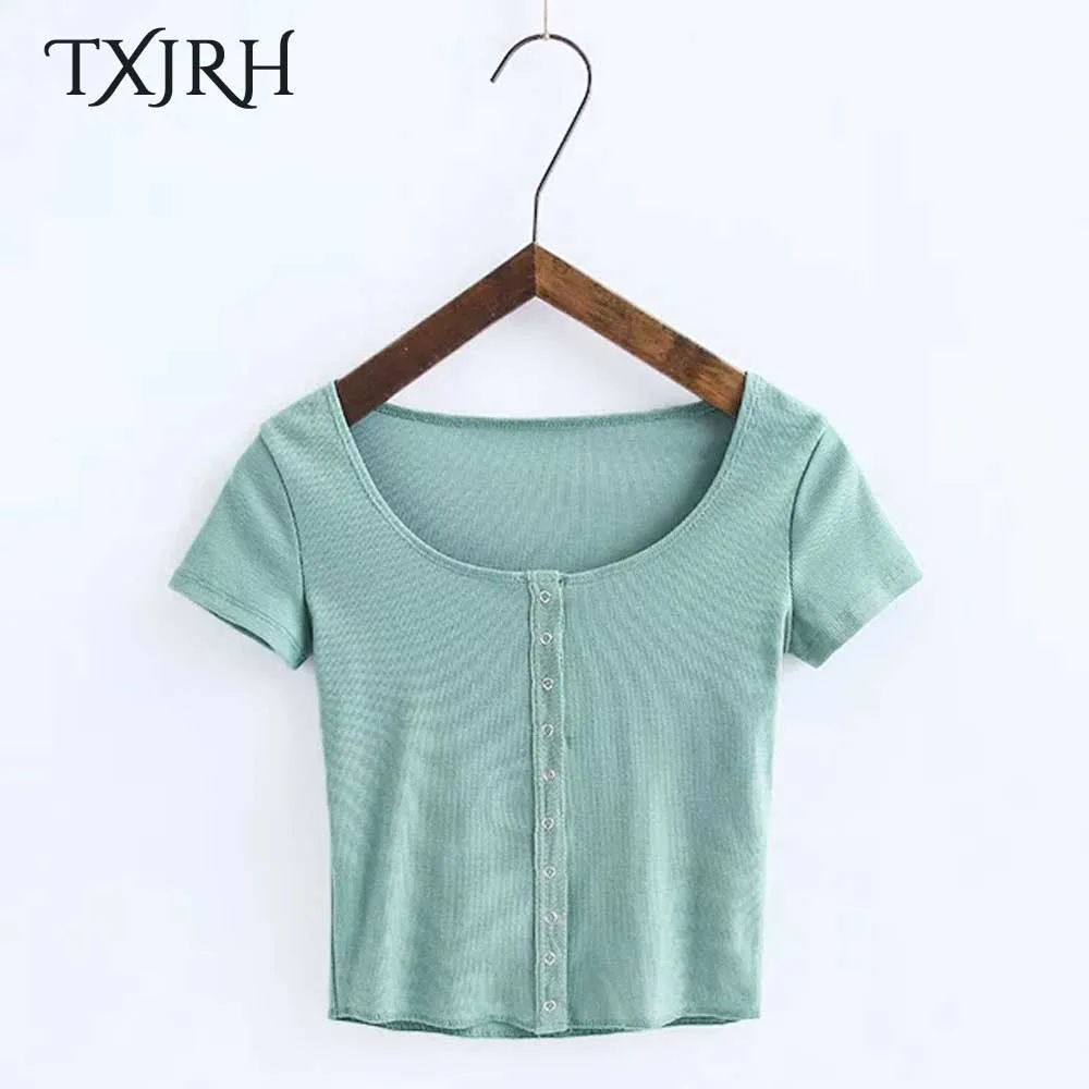 TXJRH модная однобортная футболка с круглым вырезом и коротким рукавом сексуальная