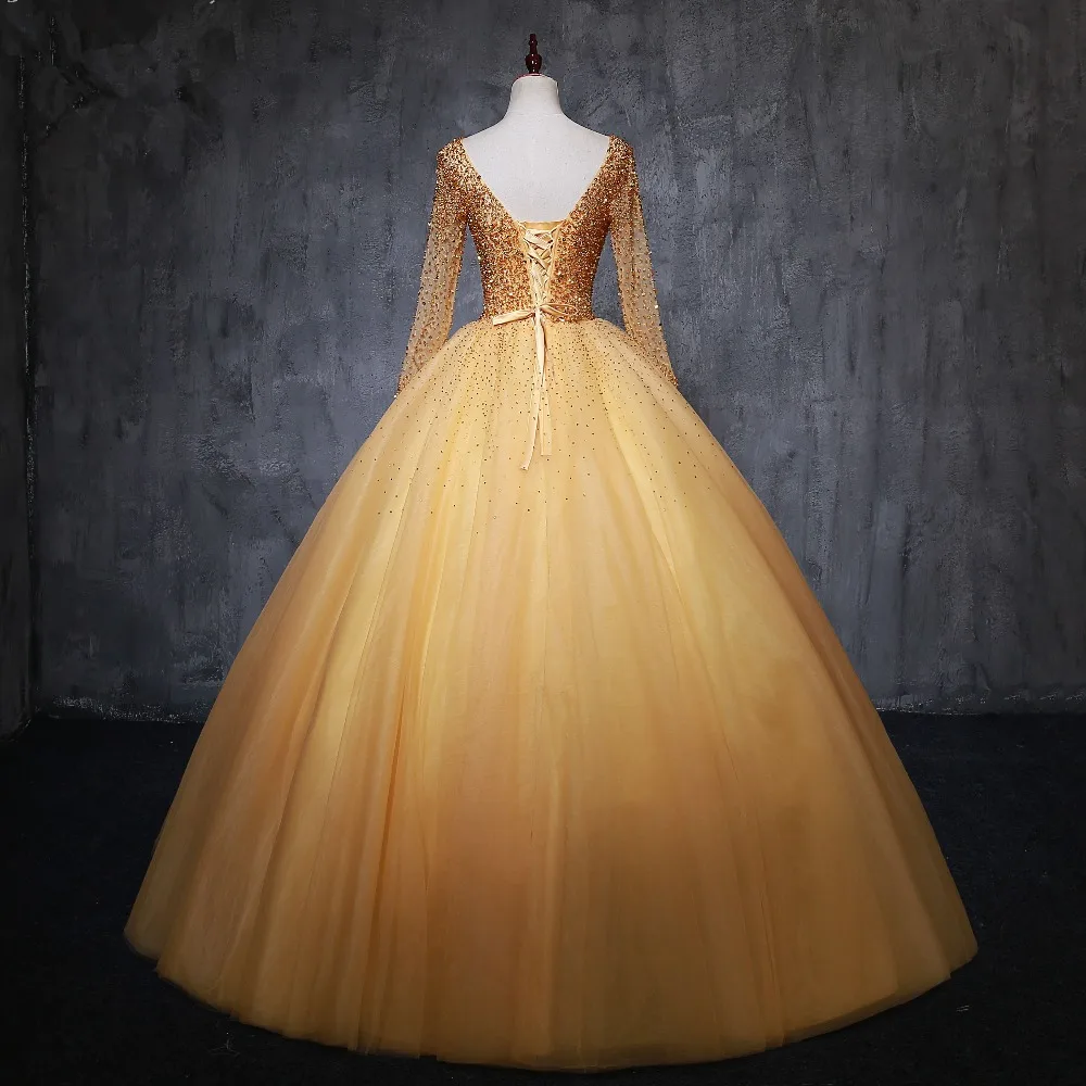 Элегантные бальные платья JaneVini Золотое бальное платье с длинным рукавом