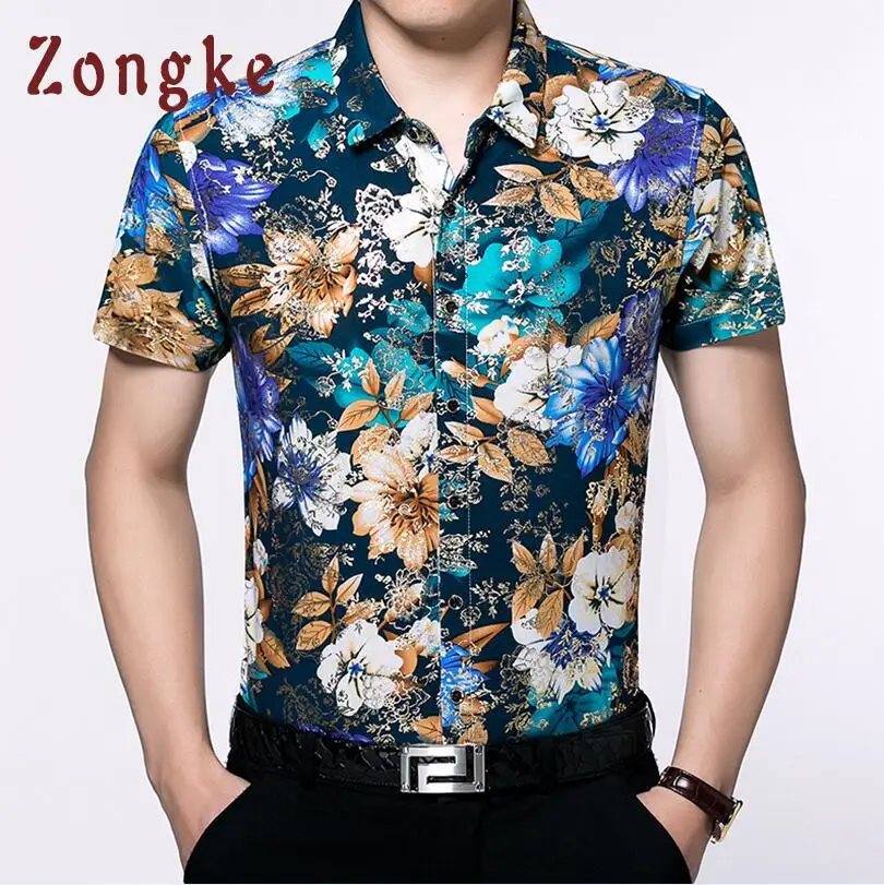 Blue Zongke синий Цветочная гавайская рубашка Для мужчин Изделие из хлопка с короткими рукавами Мужская гавайская рубашка летние социальных Цветок Гавайская рубашка Человек - Цвет: Blue