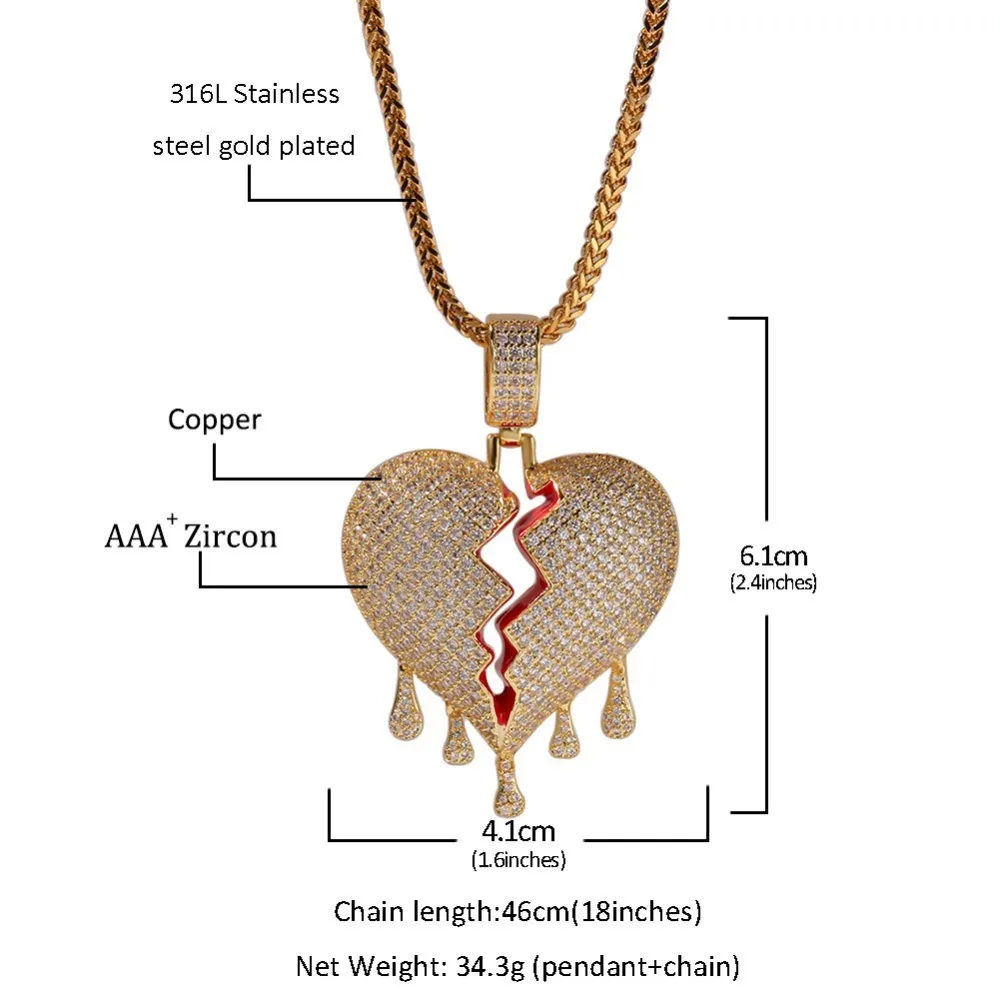 TBTK Iced Out разбитое сердце капли воды кулон медь Цирконий Роскошные ювелирные изделия панковские шармы мужские Золотая цепь ожерелья классические