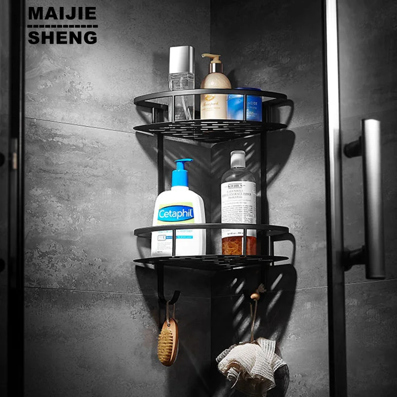 

Полка для ванной из черной латуни, двухслойная, угловая полка для ванной, держатель для обуви, корзина, аксессуары для ванной