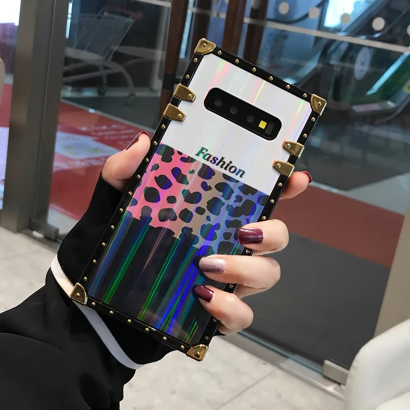 YHBB чехол S Модный Лазерный квадратный чехол для samsung Note 10 8 9 с золотыми заклепками сексуальный леопардовый чехол для samsung Galaxy S10 Plus S9
