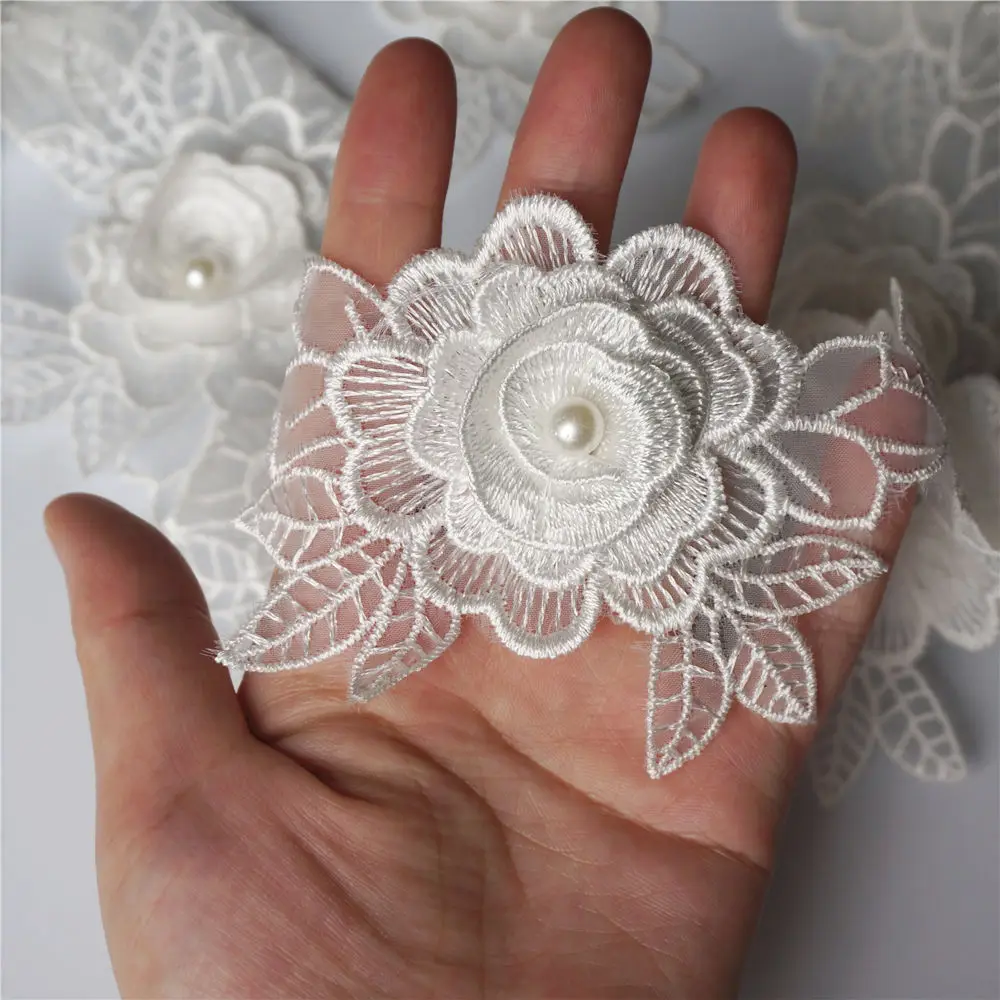 2 ярда Белый 3D Ткань Цветы Бусины кружева планки листья сетки вышивка пришить