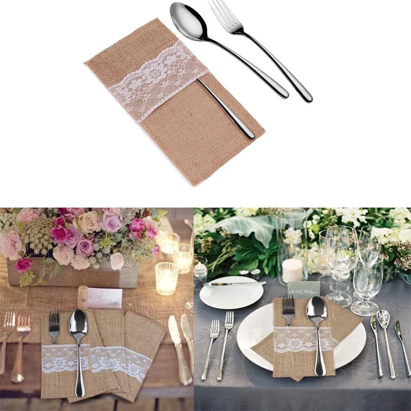 10 шт./лот натуральные джутовые кружевные карманы деревенская Свадебная посуда
