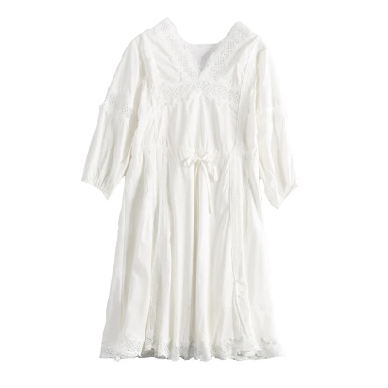 

PERHAPS U White Red Lace Patchwork Hollow Out Half Sleeve V Neck Empire Lace-up Dress Bohemian Summer D1569
