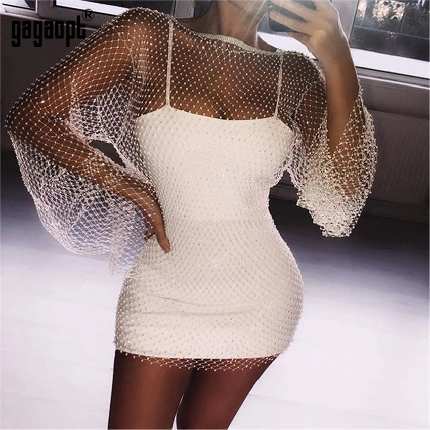 Gagaopt Bling Стразы Белый Черный Сетчатое Открытое платье сексуальное без ажурное