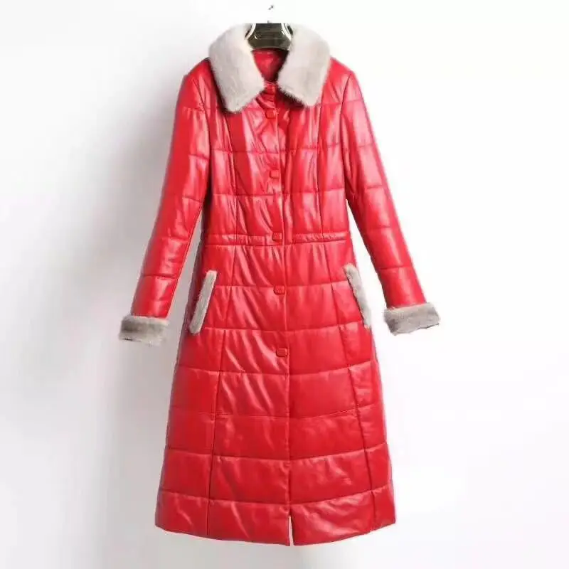 red Новинка, женские пуховики из натуральной кожи, Топ бренд, шерсть, меховой воротник, пояс, Длинные куртки, теплая овечья кожа, пальто для женщин размера плюс - Цвет: red