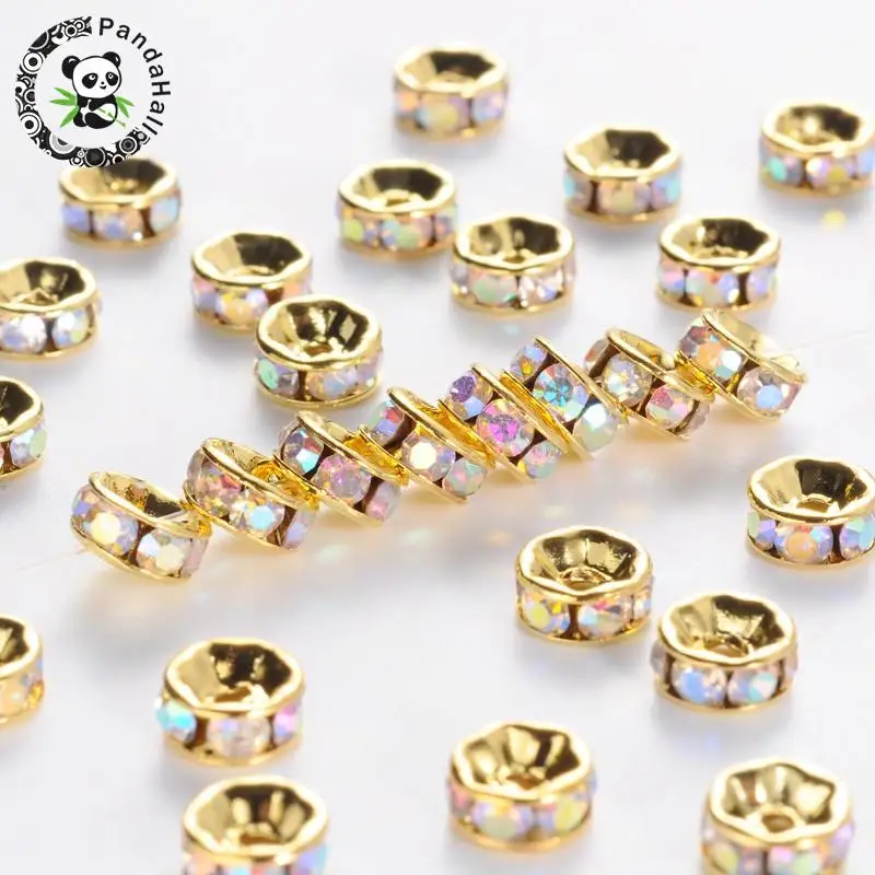 

Brass Grade A Rhinestone Spacer Beads, Golden Plated, Rondelle, Nickel Free, Crystal AB, 6x3mm, Hole: 1mm