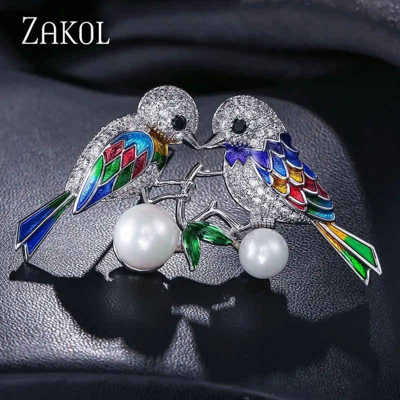 ZAKOL New Fashion Cute Animal Enamel Jewelry Large Vintage Pearl Bird Brooches and Pins for Women Christmas Gifts Broches ZX1046 | Украшения