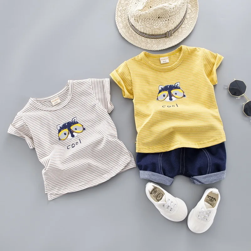 JIOROMY 2019 Children's Garment Short Sleeve Suit Stripe Cartoon Twinset Male Girl Children |