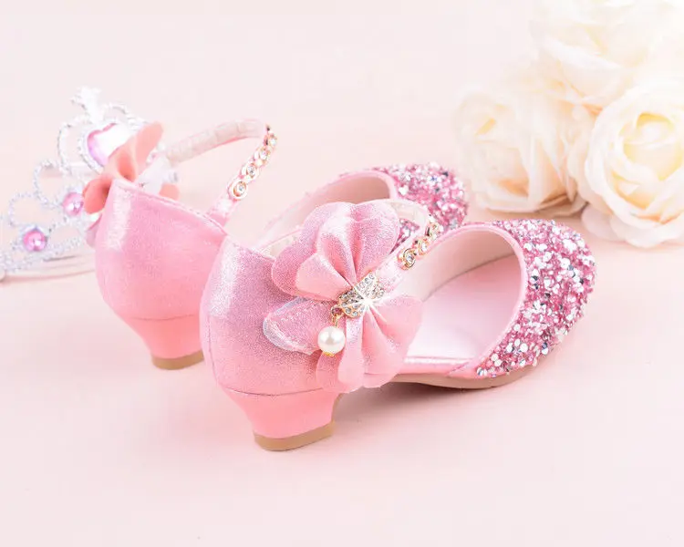 Girls sandals high heels spring and summer rhinestones bow princess Performance /wedding crystal single shoes shiny silver