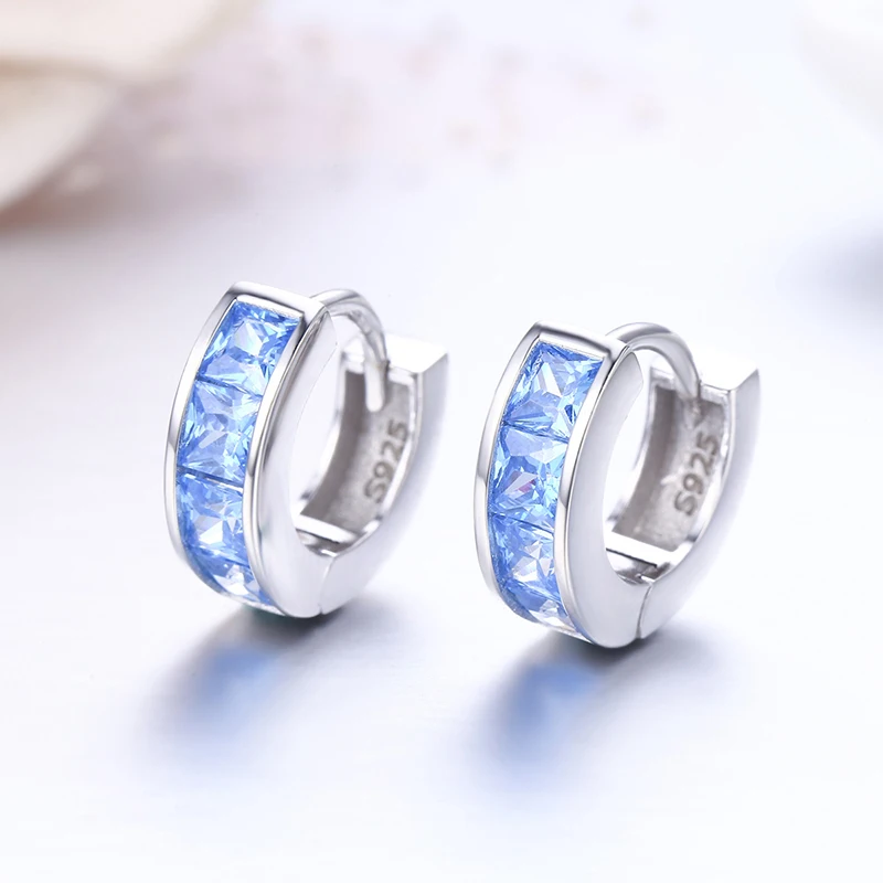 topaz blue Милый 925 пробы Серебряный набор 4 квадратных CZ кругов маленькие петли Huggie обручи серьги для женщин ювелирные изделия для девочек Aros Artes Orecchini - Окраска металла: topaz blue