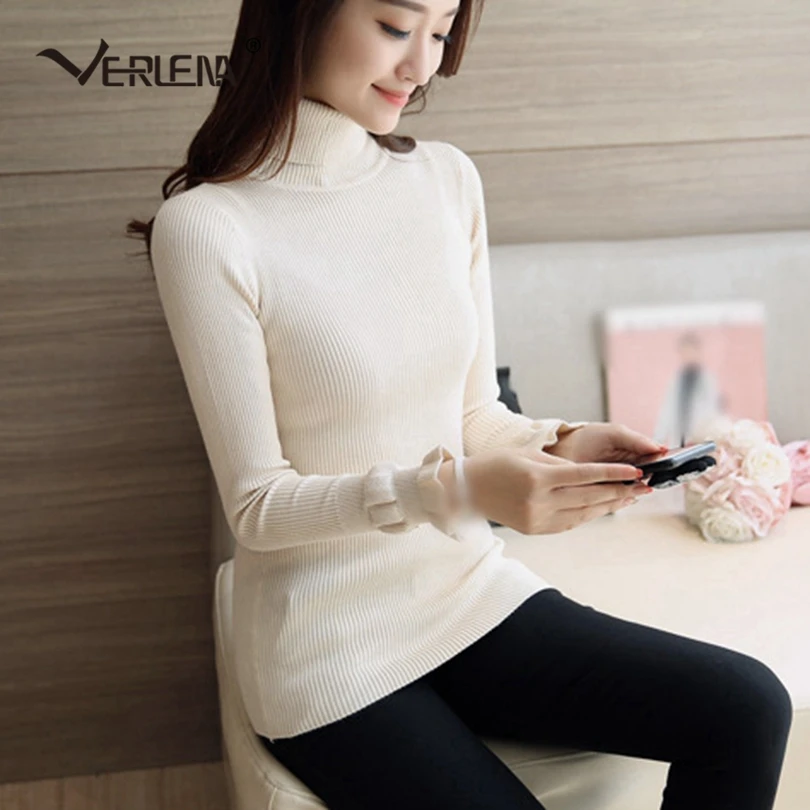 Verlena 2019 Soft Turtleneck Basic Women Sweater Long Sleeve Rib Stretch Knit Black Pullovers Ruffle Flare Cuff Autumn Jumper | Женская