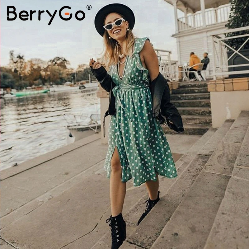 Berrygo сексуальное платье с v-образным вырезом в горошек зеленое летнее платье без рукавов женское платье Короткое Sash button пляжное платье женское vestido