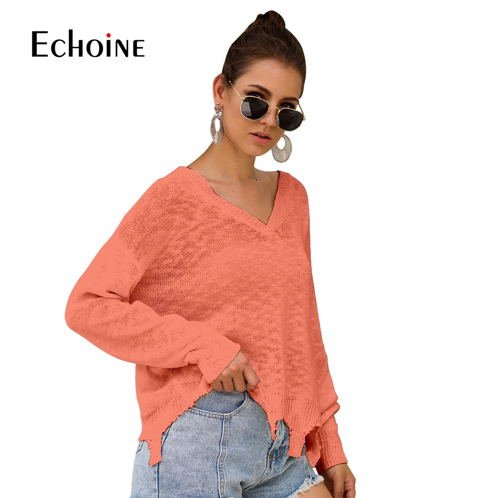 Casual New Loose Tassel Sweater Women V-Neck 2019 Fall Winter Fashion Long Sleeve Knit Pullovers Jumper Sexy Oversized Sweaters | Женская