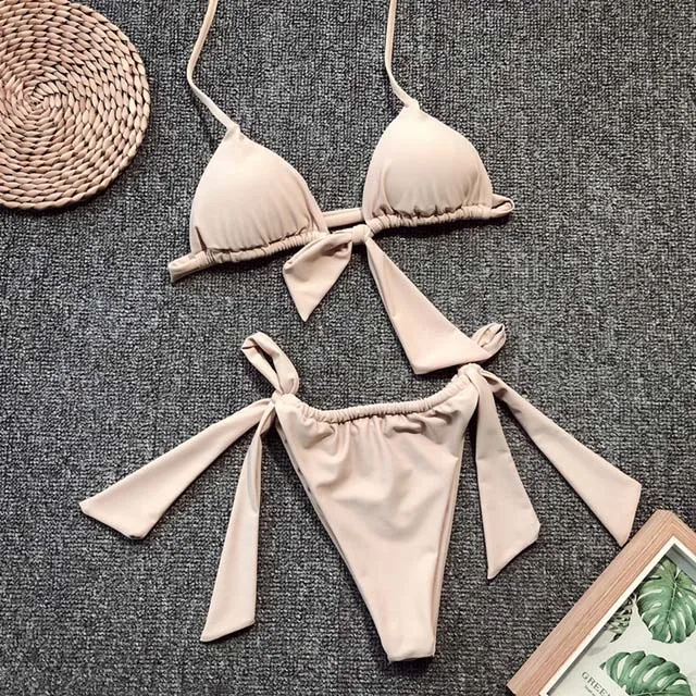 B463Beige Неоновый зеленый завязанный бикини женский купальник Женская одежда для плавания комплект бикини из двух частей сексуальный купальный костюм с бретельками - Цвет: B463Beige