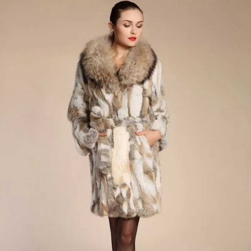 Женский Тренч с натуральным кроличьим мехом зимний воротником из меха енота