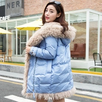 Korean Brand Winter White Duck Down Jacket Women 2015 Medium Long Thick Natural Sheep Fur Hooded Parkas For |