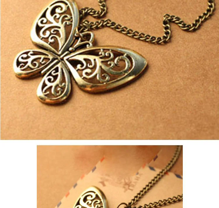 Vintage Hollow Butterfly Pendant Necklace For Women Gold color Necklaces Exquisite Fashion Long Chain Sweater Jewelry Wholesale