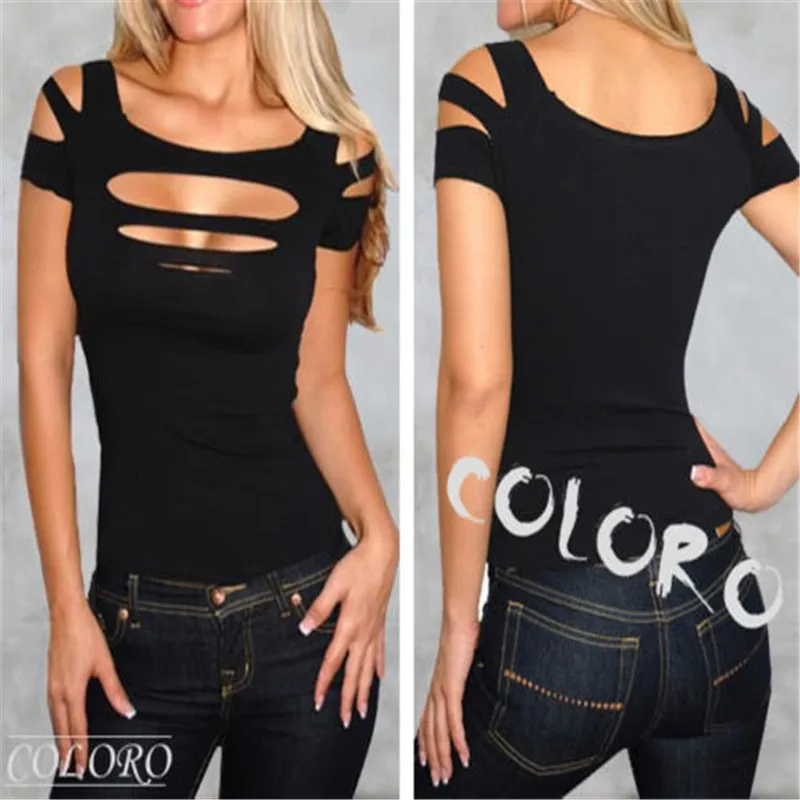Sexy Round Neck cotton Tops club wear short sleeve pullover T-Shirt one pieces Fashion Exposure black Bust hole women clothes | Женская