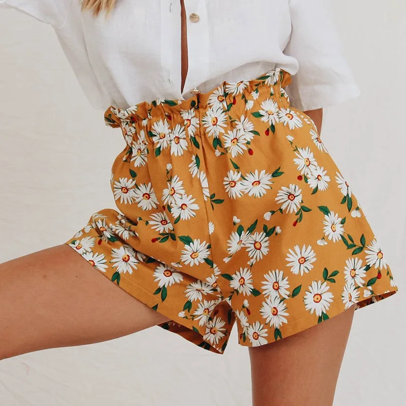 Женские летние короткие брюки с цветочным принтом белые эластичные шорты