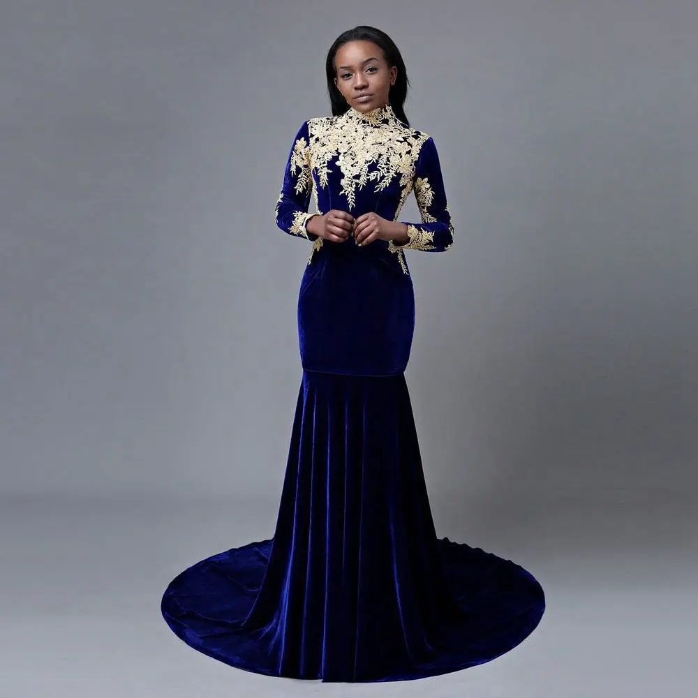 Элегантный бархат Русалка Королевский синий платье для выпускного с аппликацией