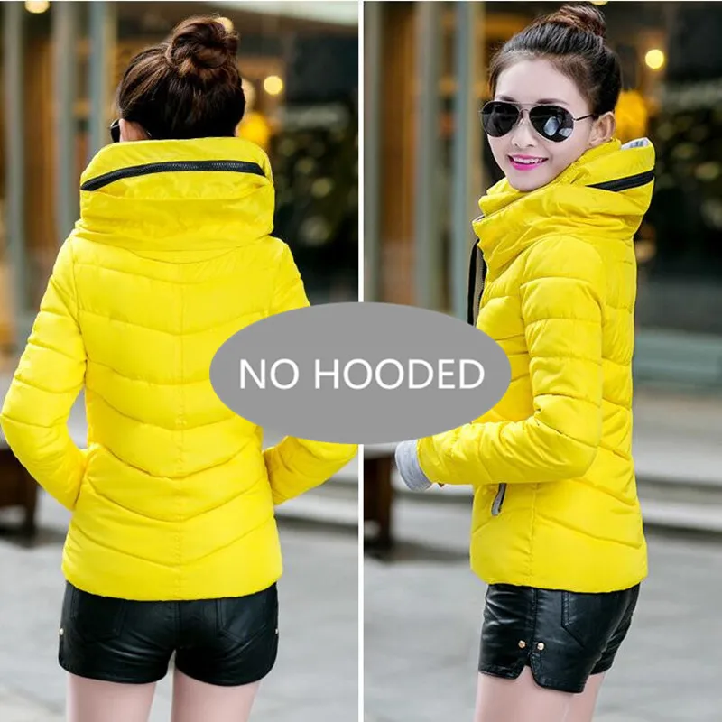 Yellow--No Hooded Женская зимняя куртка с капюшоном, короткая, с хлопковой подкладкой, Женское пальто, осень, casaco feminino inverno, однотонная парка, воротник-стойка - Цвет: Yellow--No Hooded