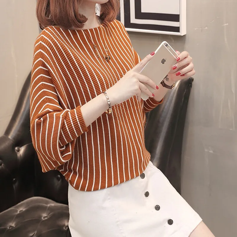 2021 весенние трикотажные пуловеры для женщин свободного кроя в полоску с рукавами