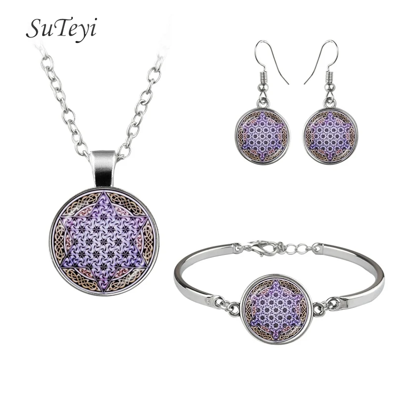 2 SUTEYI, стиль, круглые стеклянные серьги, Geomertry, чакра, браслет, ожерелье, ювелирный набор, Йога, искусство, изображение, ожерелье s - Окраска металла: 2
