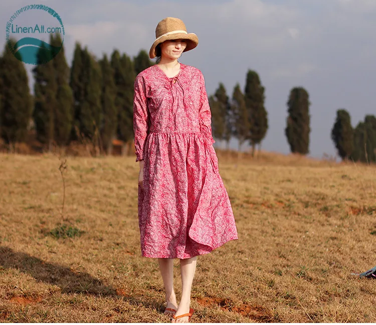 

LinenAll Оригинальное женское розовое/Белое весеннее платье с полноэкранной вышивкой, v-образным вырезом, перекрещивающимся боковым кружевным ...