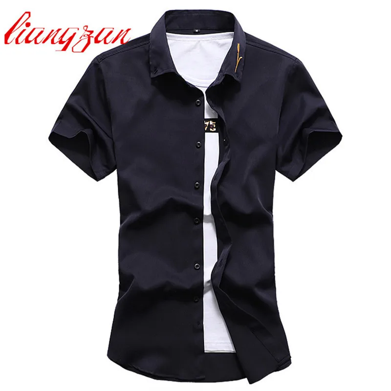 navy blue Для мужчин Сорочки выходные для мужчин новинка года Slim Fit Лето Повседневное короткий рукав Марка хлопок сплошной Цвет большой Размеры 6xl 7XL модные Рубашки для мальчиков F2413 - Цвет: navy blue