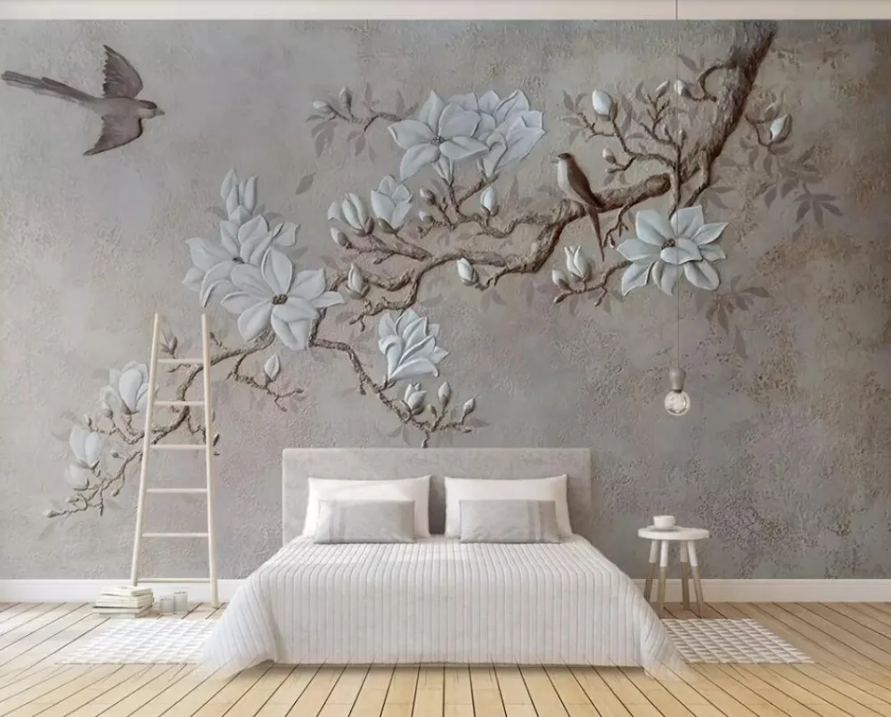 

Customized 3D relief magnolia magpie background wall painting on the branches