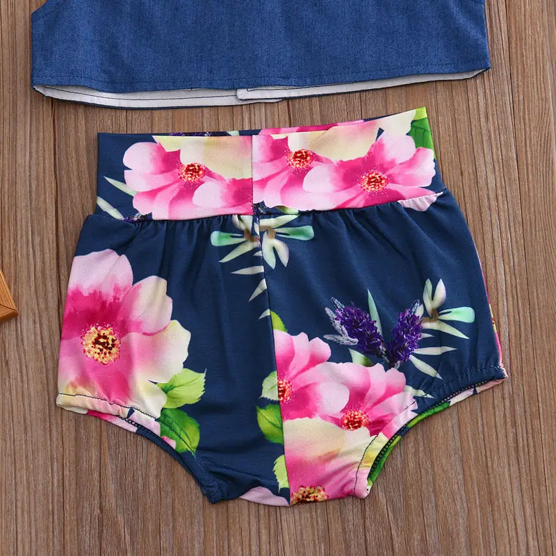 2017 г. комплект летней милой одежды для маленьких девочек топ из джинсовой ткани с