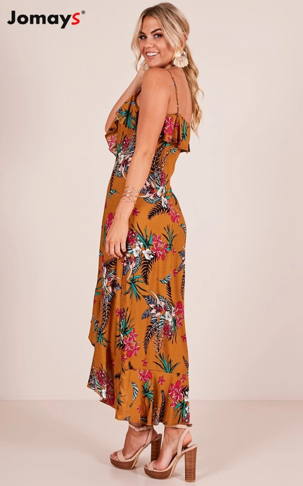Для женщин Лето v-образный вырез с оборками и цветочным принтом длинное платье на