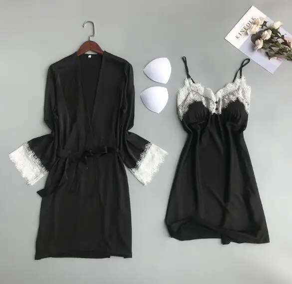 

Fdfklak Casual Women Silk Robe Set Solid Robe and Spaghetti Strap Nighties Dress Full Sleeve Sleepwear Set 2 PCS Female Bathrobe
