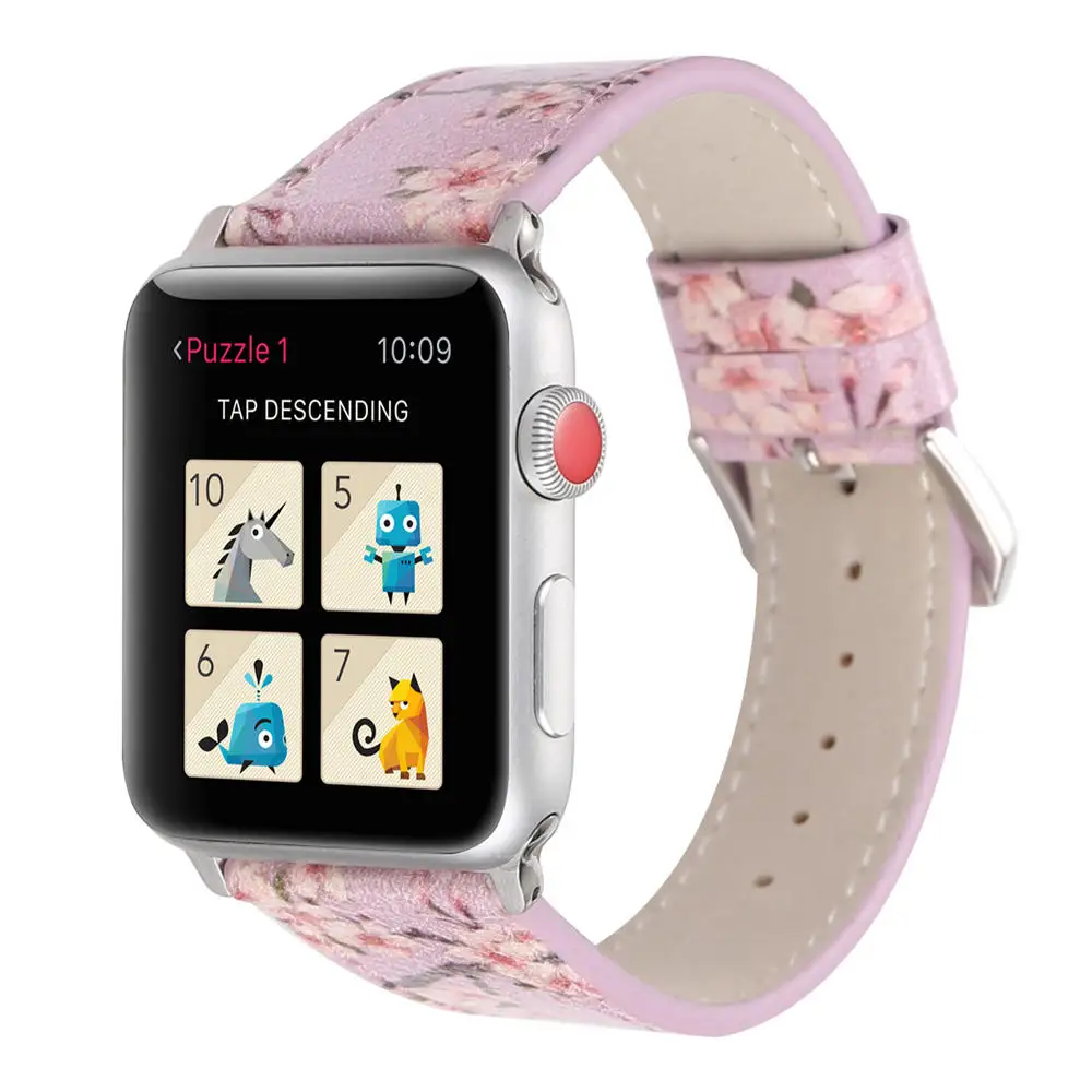 С цветочным принтом кожаный ремешок для наручных часов Apple Watch серии 1/2/3/4/5 Группа 44 мм, 42 мм, 40 мм, 38 мм, версия сливы цветок Дизайн наручные часы браслет