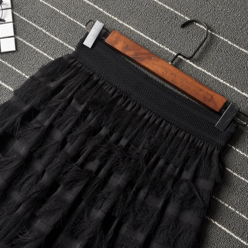 Tulle Tutu Skirts Women Summer Elastic elegant Ladies Midi Skirt A-Line cake Mesh Voile skrits tassel Retro Vintage female LY100 | Женская