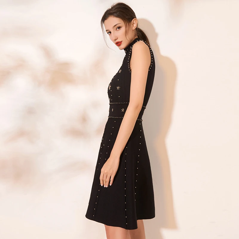 Black Dress Women Beading Sleeveless Backless 53% Viscose Blended Knitted Elastic Fabric Elegant Party New Fashion 2018 | Женская одежда