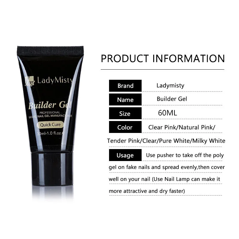 Ladymisty, 60 мл, полигель для ногтей, акриловый, французский набор, замачивается, УФ, желе, прозрачный гель, гель для наращивания ногтей, кончики для наращивания ногтей, форма для ногтей