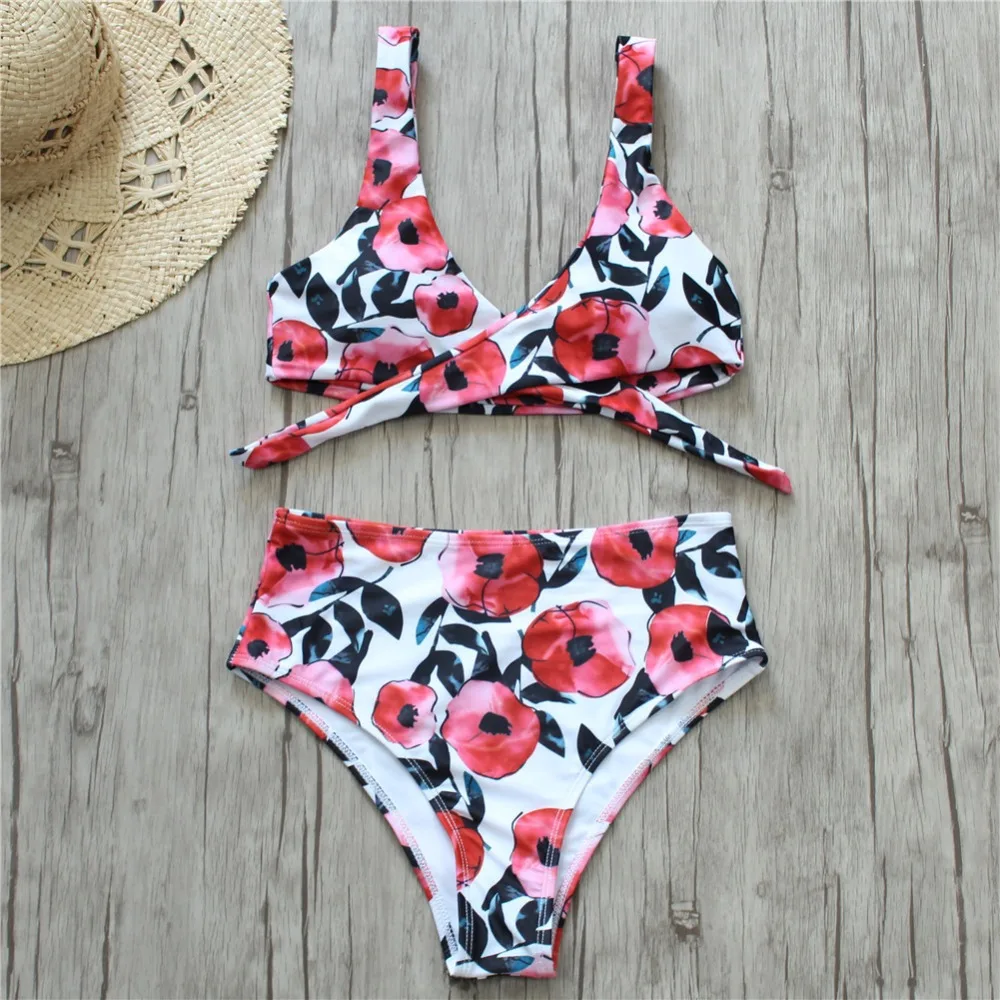Midou Вишневый принт бикини пуш ап спереди с узлом 2019 женские купальные костюмы