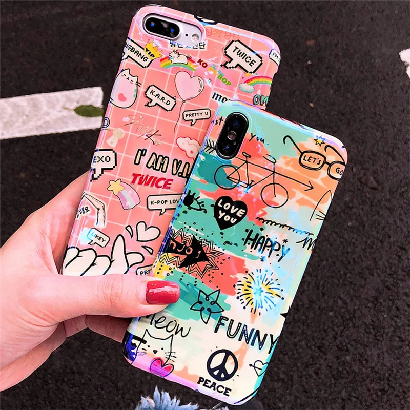 Blue light Graffiti Personality Fashion Phone Case For iPhone X 6 6S 7 8 Plus Cases Cute Cartoon Luxury Cover Funda | Мобильные