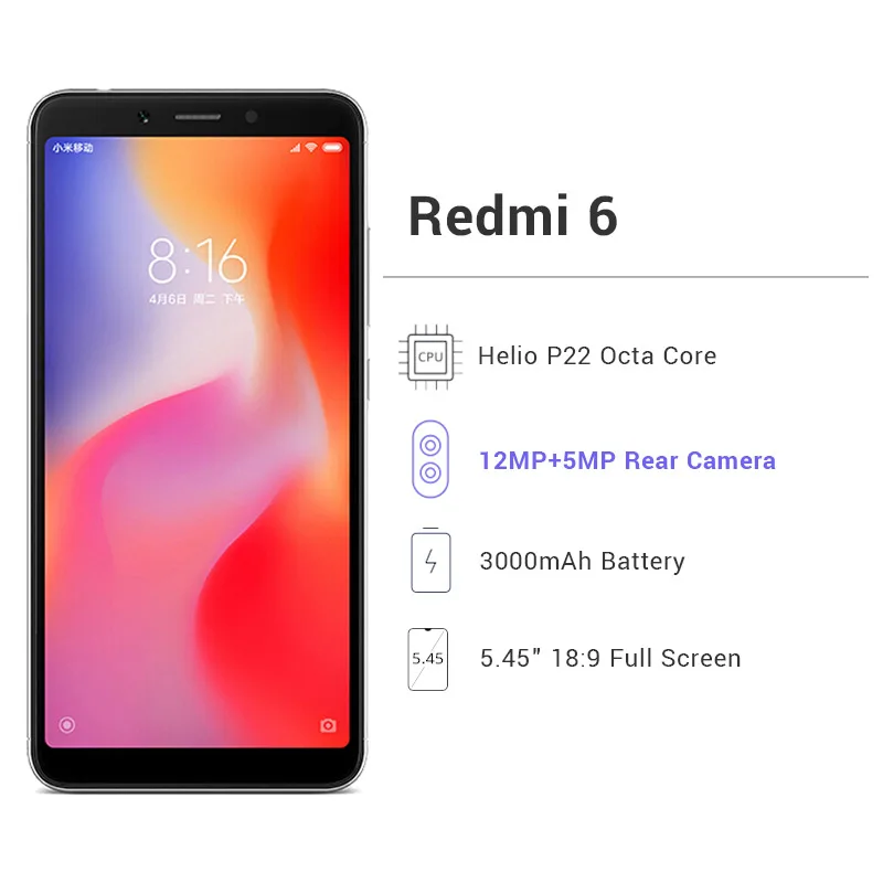 Xiaomi Redmi 6 смартфон с 5 дюймовым дисплеем восьмиядерным процессором Helio P22 ОЗУ 4 Гб