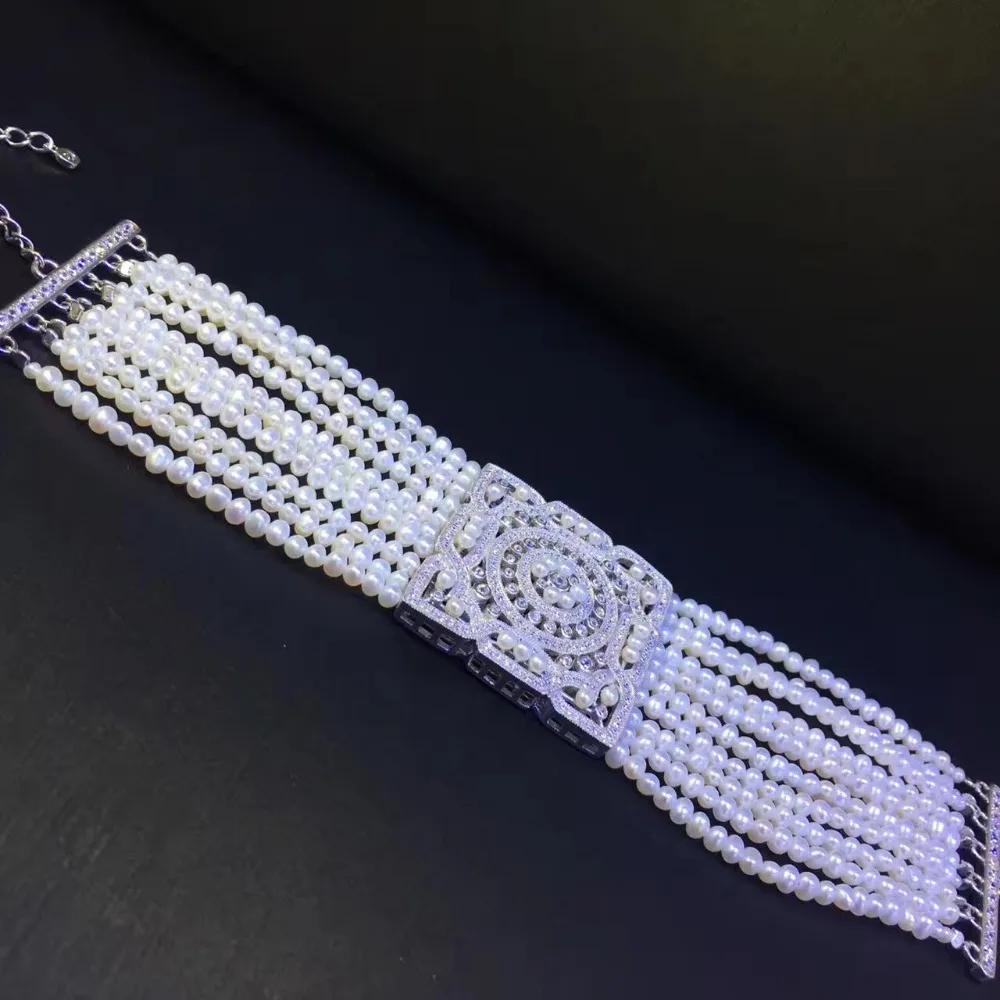 ?? クラシック天然淡水真珠チョーカーネックレスとブレスレットジュエリーセット 34 センチメートル調節可能な結婚式のネックレス 925 スターリングシルバー