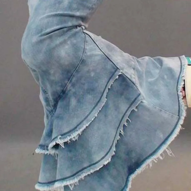 Женские джинсы с кисточками облегающие длинные высокой талией в стиле Русалочки