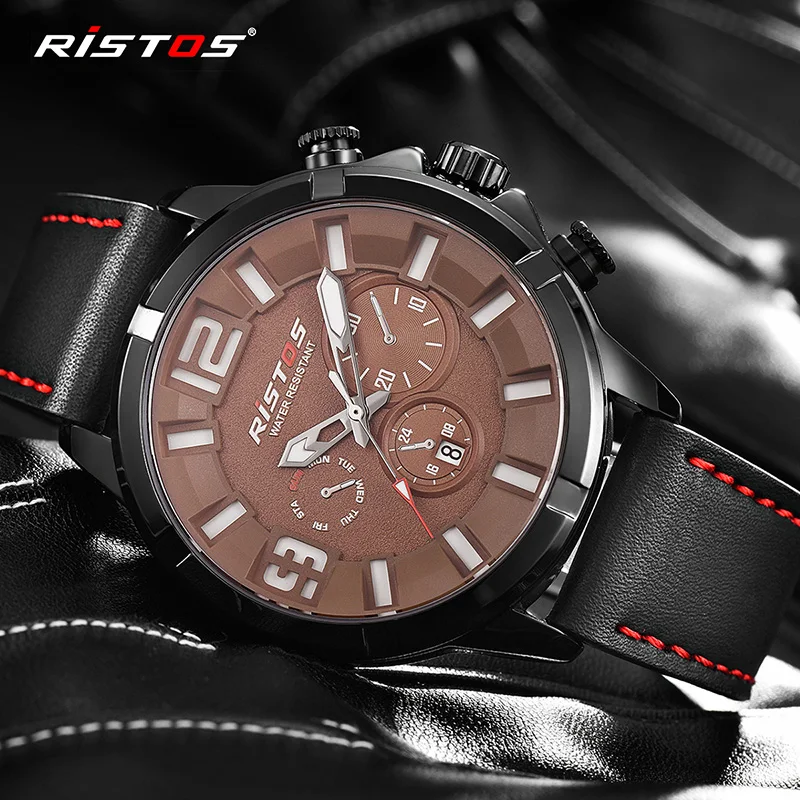 RISTOS CasualLeather часы для мужчин спортивные водостойкие Дата Аналоговый кварцевые