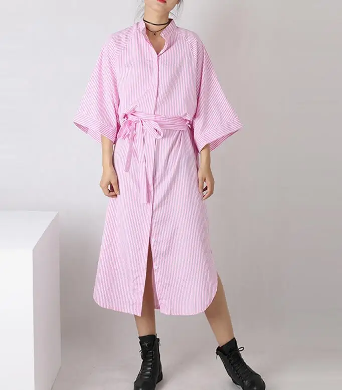 pink Корейское женское Модное Длинное Платье-рубашка, дизайн, круглый вырез, свободное, большой размер, Повседневное платье-рубашка в полоску, осеннее платье - Цвет: pink