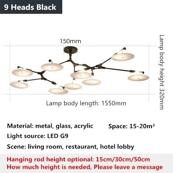 9 Heads Black Postmodern LED living room chandelier ceiling bedroom hanging light home lighting Nordic deco fixtures Gold/black suspended lamp - Цвет абажура: 9 Heads Black