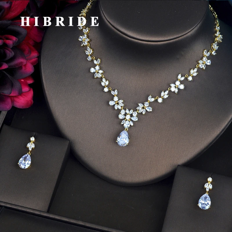 

HIBRIDE Новый Модный сверкающий цветок полный фианит Ювелирные наборы для женщин серьги ожерелье набор платье аксессуары N-326