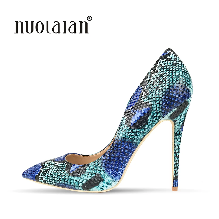 

2018 Women Shoes Stiletto 12CM High Heels Women Pumps Snake Printing Leather Pointed Toe Blue Ladies Party Wedding Woman Shoes