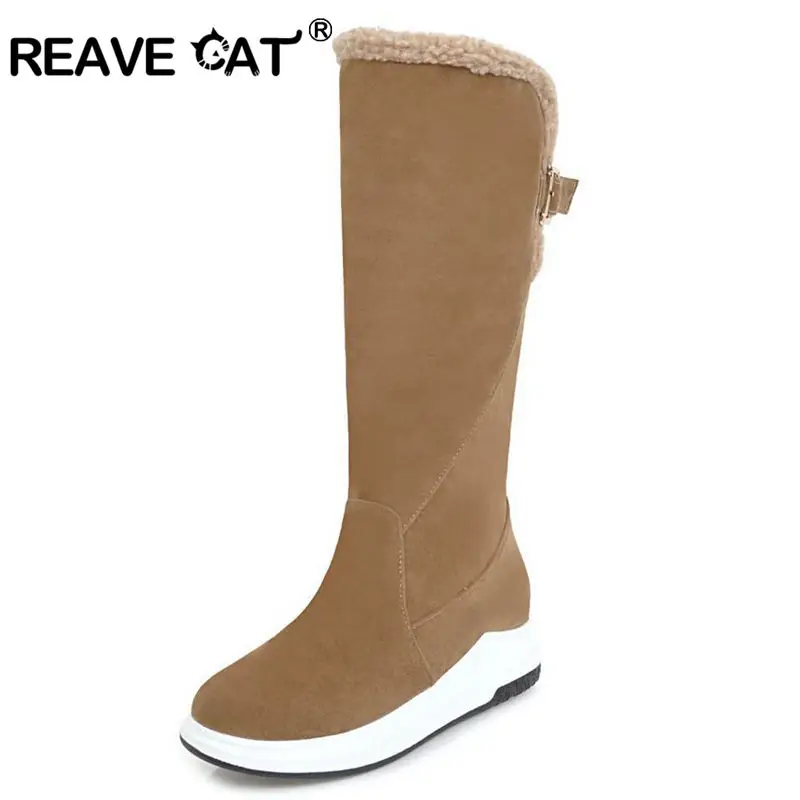 REAVE CAT/женские сапоги до середины колена; женские зимние сапоги с пряжкой, визуально увеличивающие рост; теплая обувь из флока на меху; Новое поступление; A110